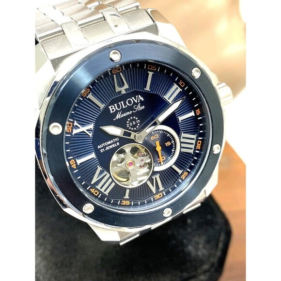 Bulova Men's Watch 98A302 Marine Star Automatic Blue Dial Silver Stainless Steel - Picture 1 of 15